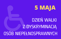 Niebieski obrazek na którym napisane jest Dzień walki z dyskryminacja osób niepełnosprawnych