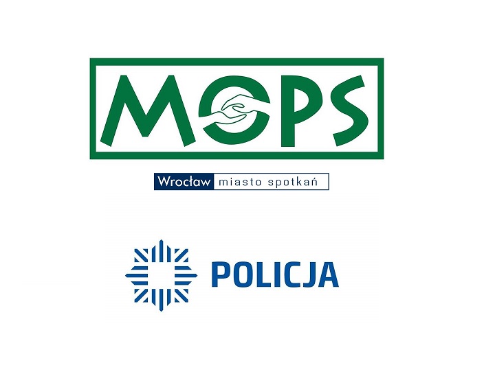 logo Policja, MOPS, Wrocław miasto spotkań 
