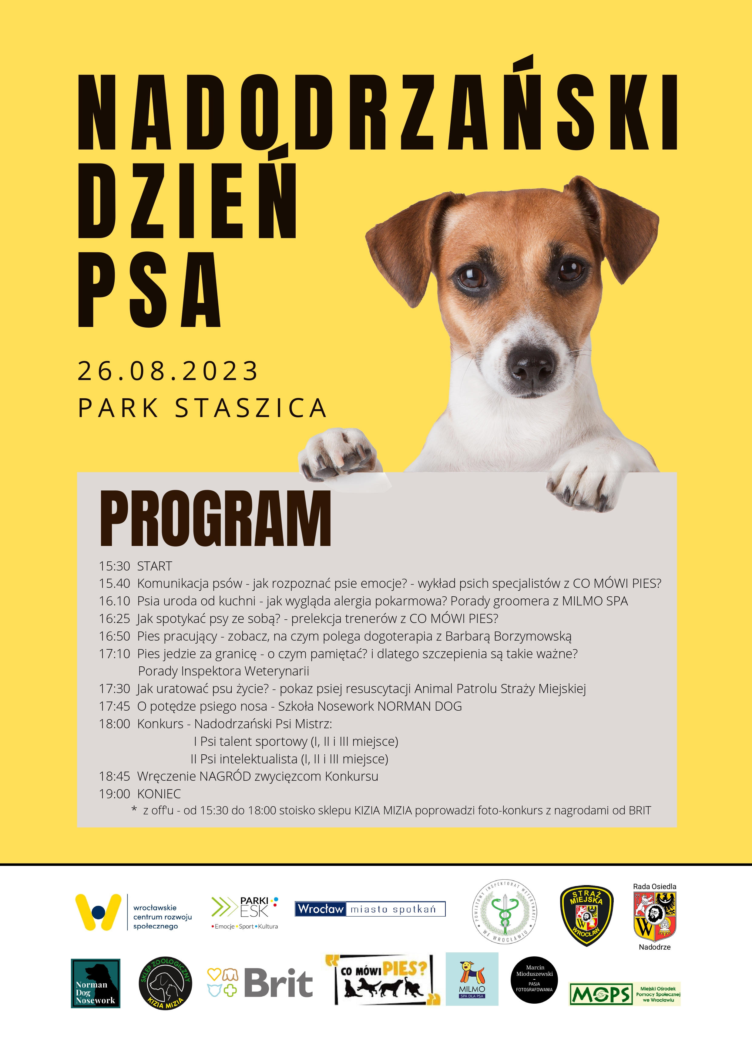 plakat promujący wydarzenie pt. Nadodrzański Dzień Psa 2023 r. z MOPS . Przedstawia na żółtym tle pełny harmonogram, wizerunek szczęśliwego psa, loga organizatorów