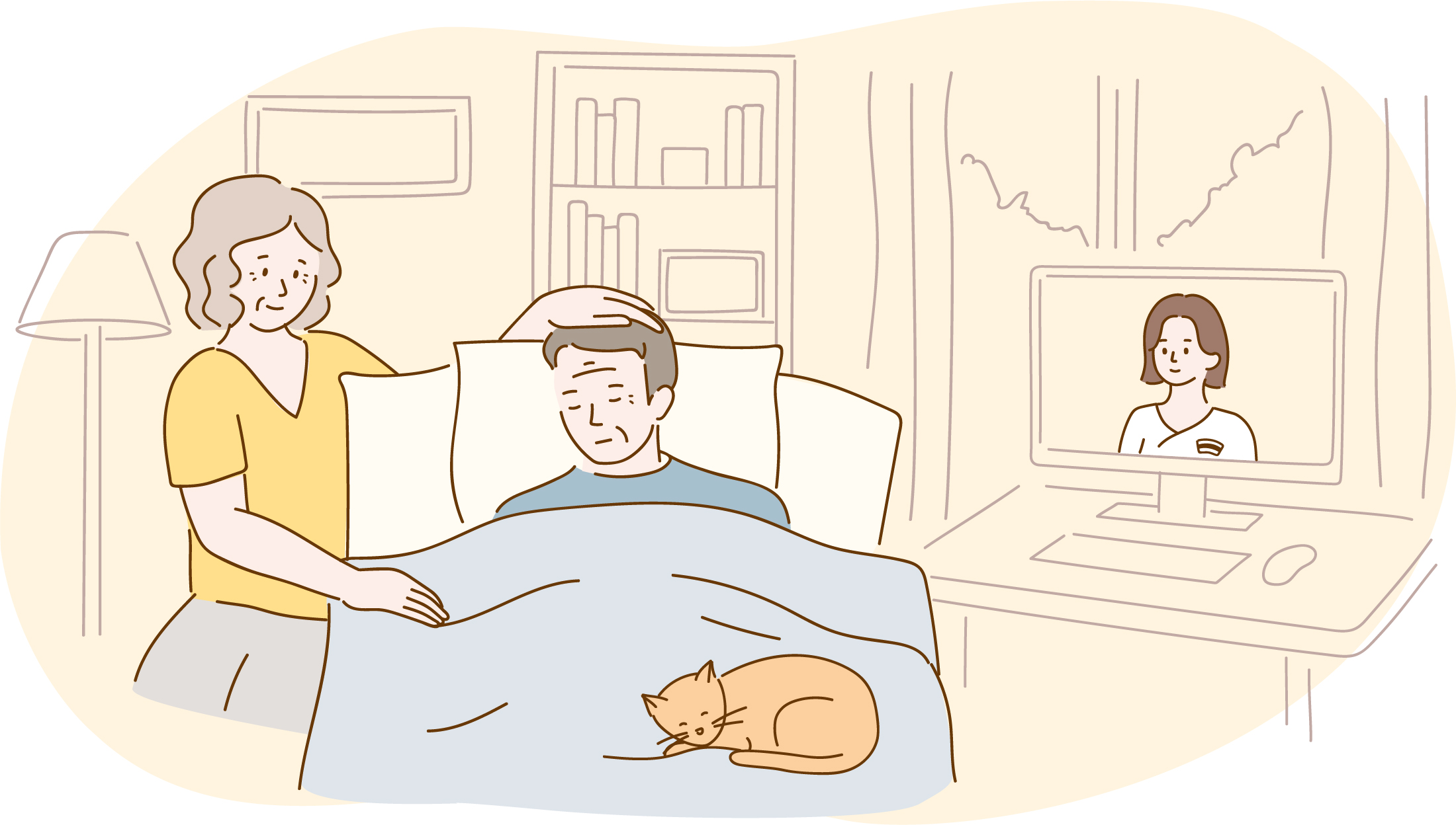 grafika przedstawiająca osobę chorą, leżącą w łóżku, przy niej stoi kobieta. Oboje trzymają się za ręce. Na łóżku ley kot, obok stoi biurko z włączonym komputerem osobistym