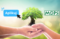 logo mops napis:aplikuj obrazek przedstawia drzewo symbolicznie wyrastające z podtrzymywanych ludzkich dłoni dwóch osób 