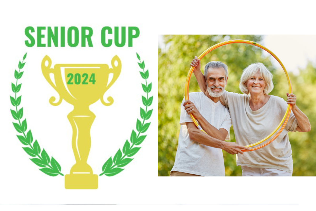 senior cup grafika puchar owinięty - seniorzy z hulahop w ręku na tle lasu