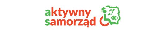 Aktywny samorząd napis obok grafika osoby na wózku inwalidzkim wkomponowana w zarys granicy Polski oraz ikony osoby z niewidzącej i niesłyszącej, całość w kolorach zielonym i czerwonym 