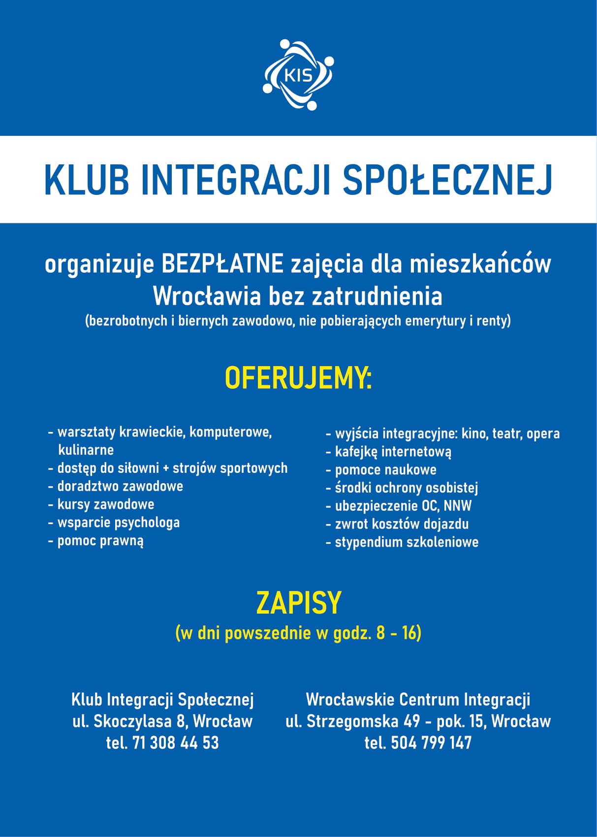 klub integracji społecznej - plakat z o ofertą dla osób bezrobotnych