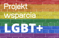 Grafika z tęczowym murem, na którego tle widoczny jest napis Projekt wsparcia LGBT+