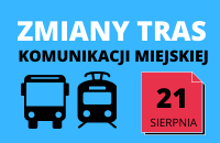 Niebieska prostokątka grafika z graficznymi symbolami autobusu i tramwaju oraz napisem zmiany tras komunikacji miejskiej i datą 1 sierpnia.